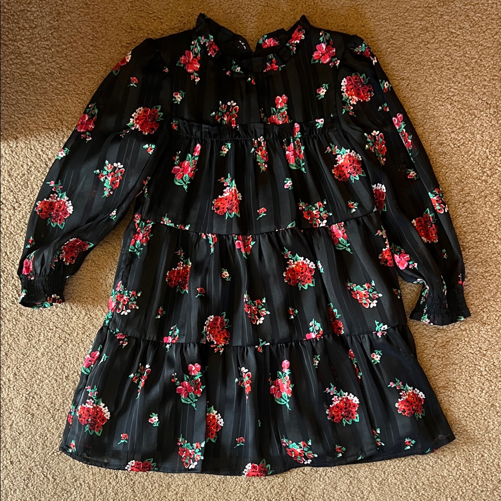 Cat & Jack Black Floral Tiered Dress With Red And Green Print